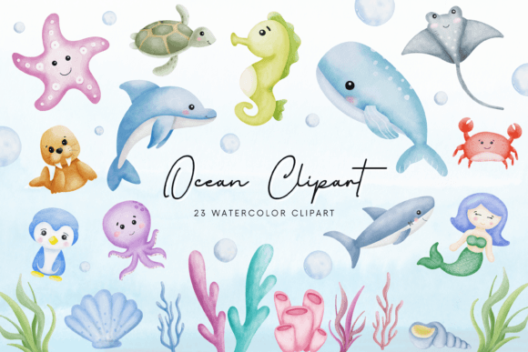 Download Ocean Animals Cute Watercolor Clipart - Watercolor clipart Collection