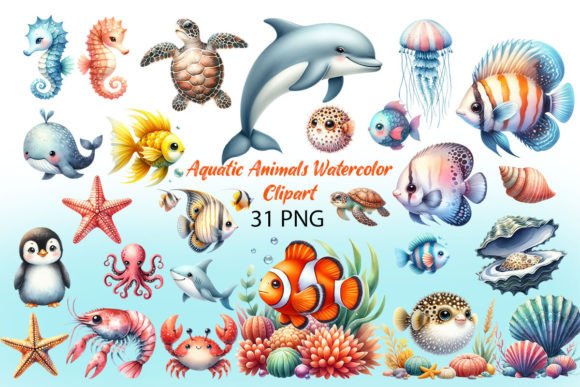 Download Aquatic Animals Watercolor Clipart - Watercolor clipart Collection