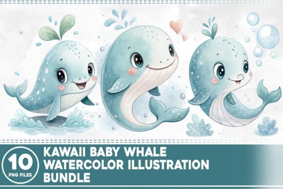 Download Kawaii Baby Whale Watercolor Bundle - Whale Collection