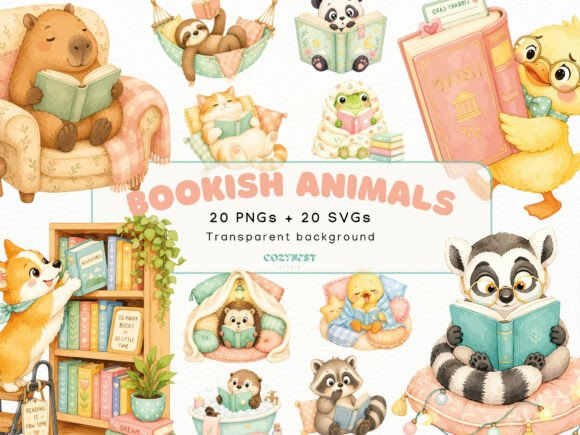 Download Bookish Cute Animals Watercolor Cliparts - Watercolor clipart Collection